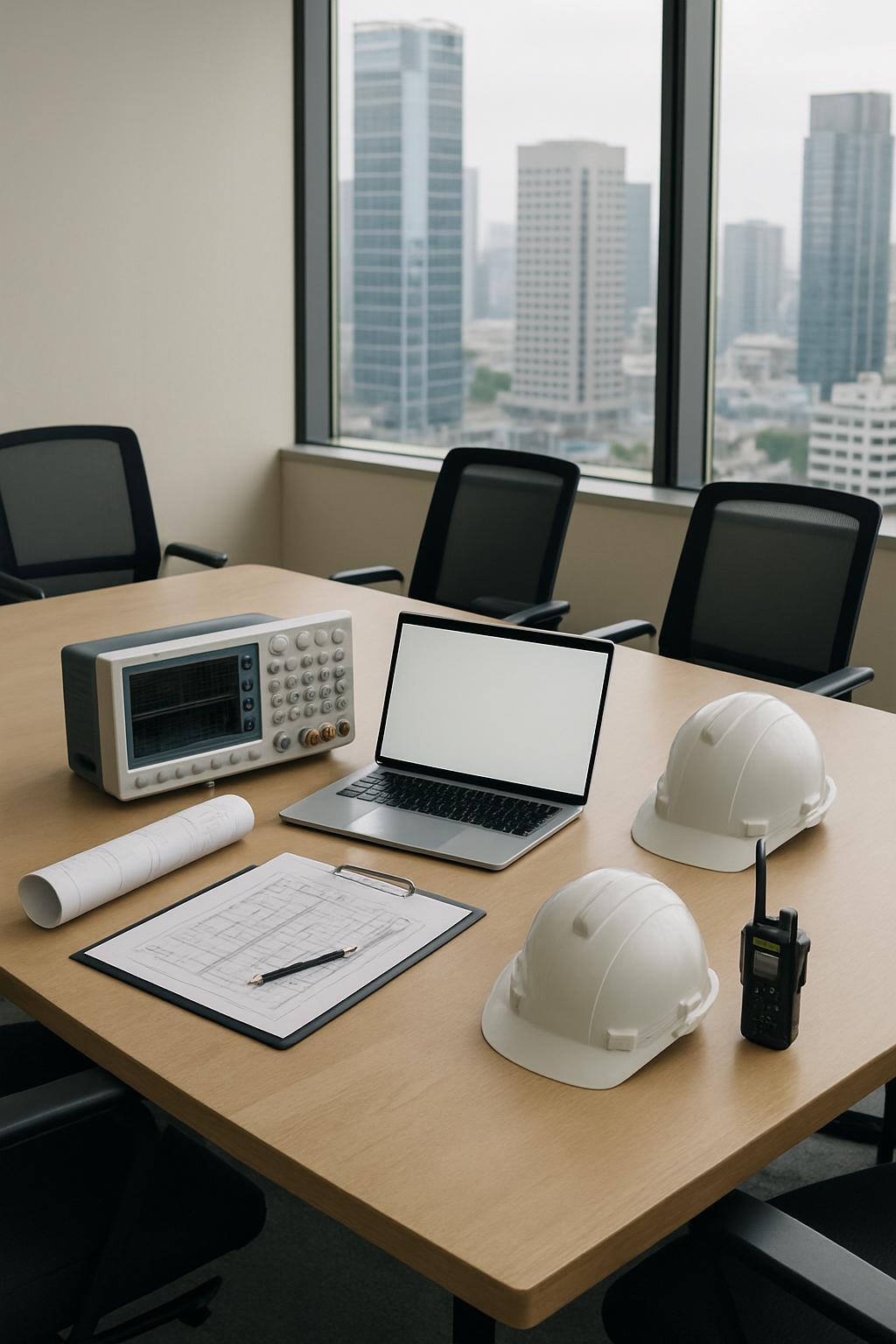 Boards with construction equipment and safety helmets are arranged in an office setting. Firstname Lastname