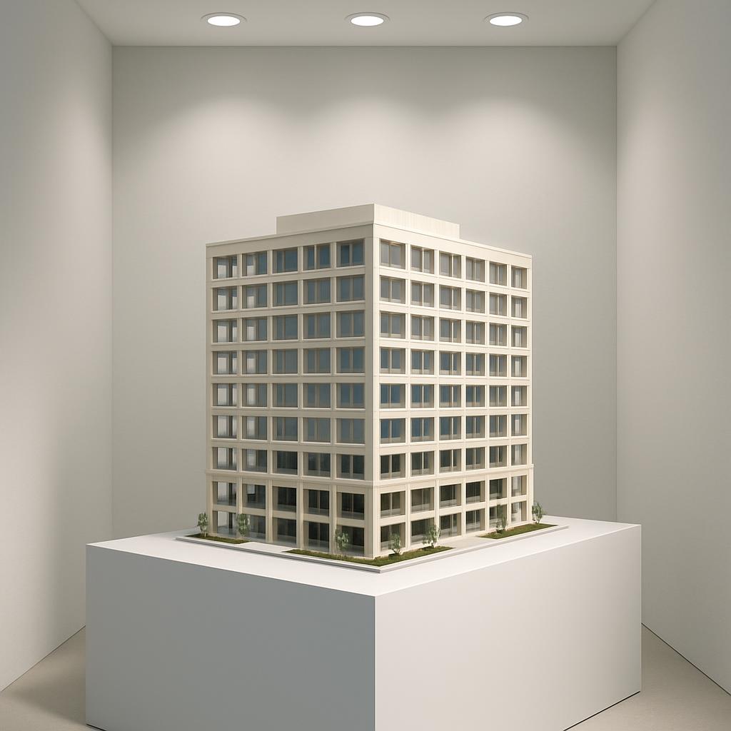 Mostra di un modello di un moderno edificio, sistemato su un podio verso lo spettatore in posizione frontale. L’altezza de...