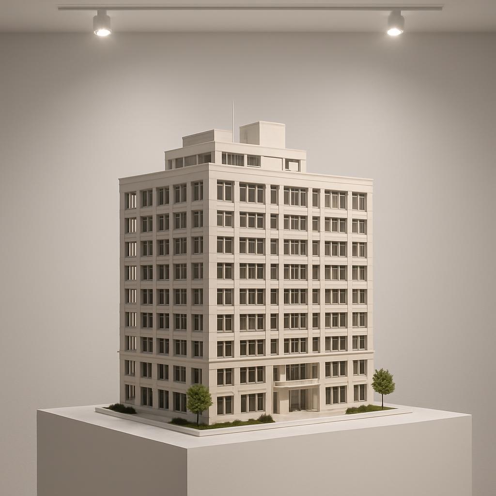 alt text: Elevazione fotografica di un modello di edificio moderno bianco in thangka.