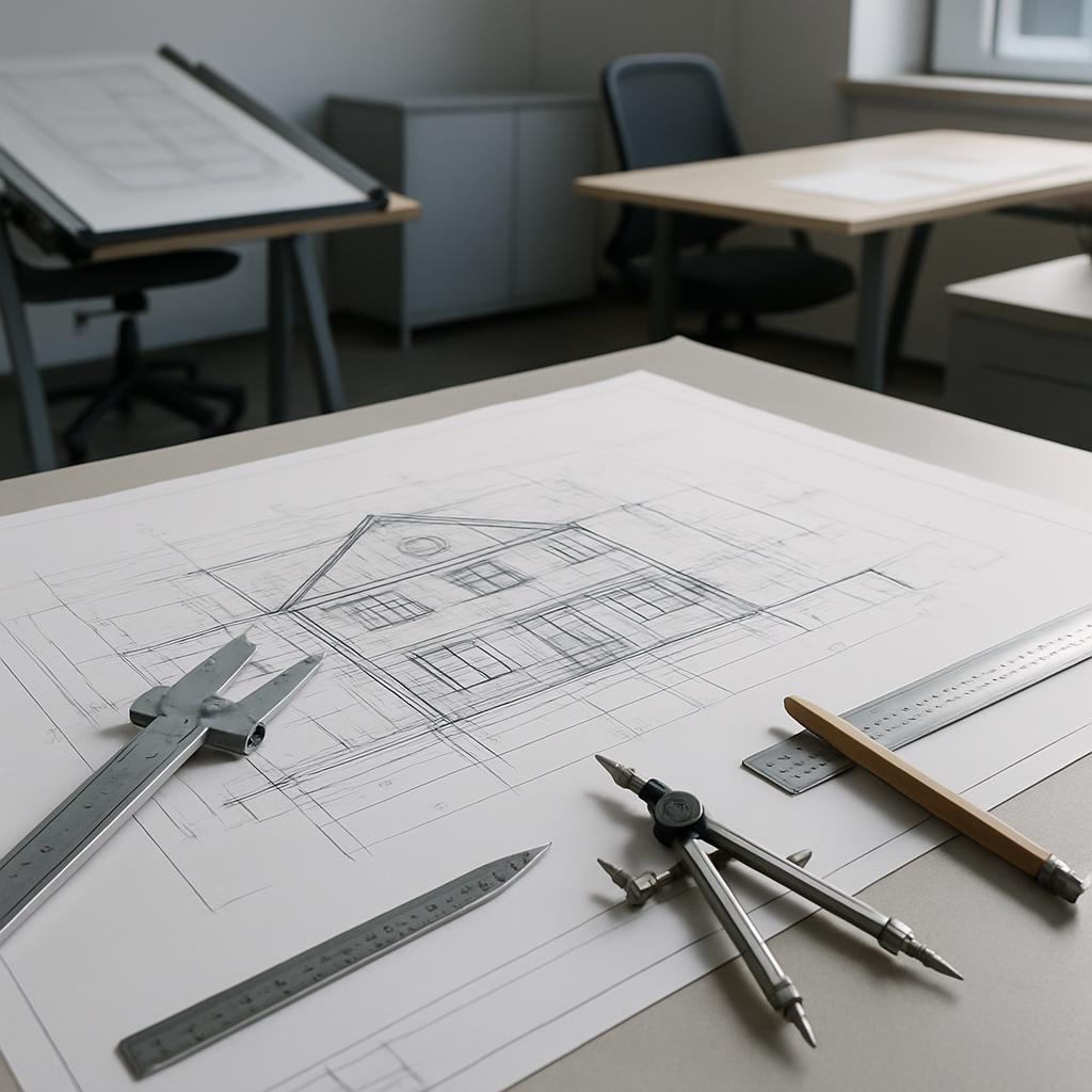 "Drawing with drafting tools on blueprint plans in a studio environment".