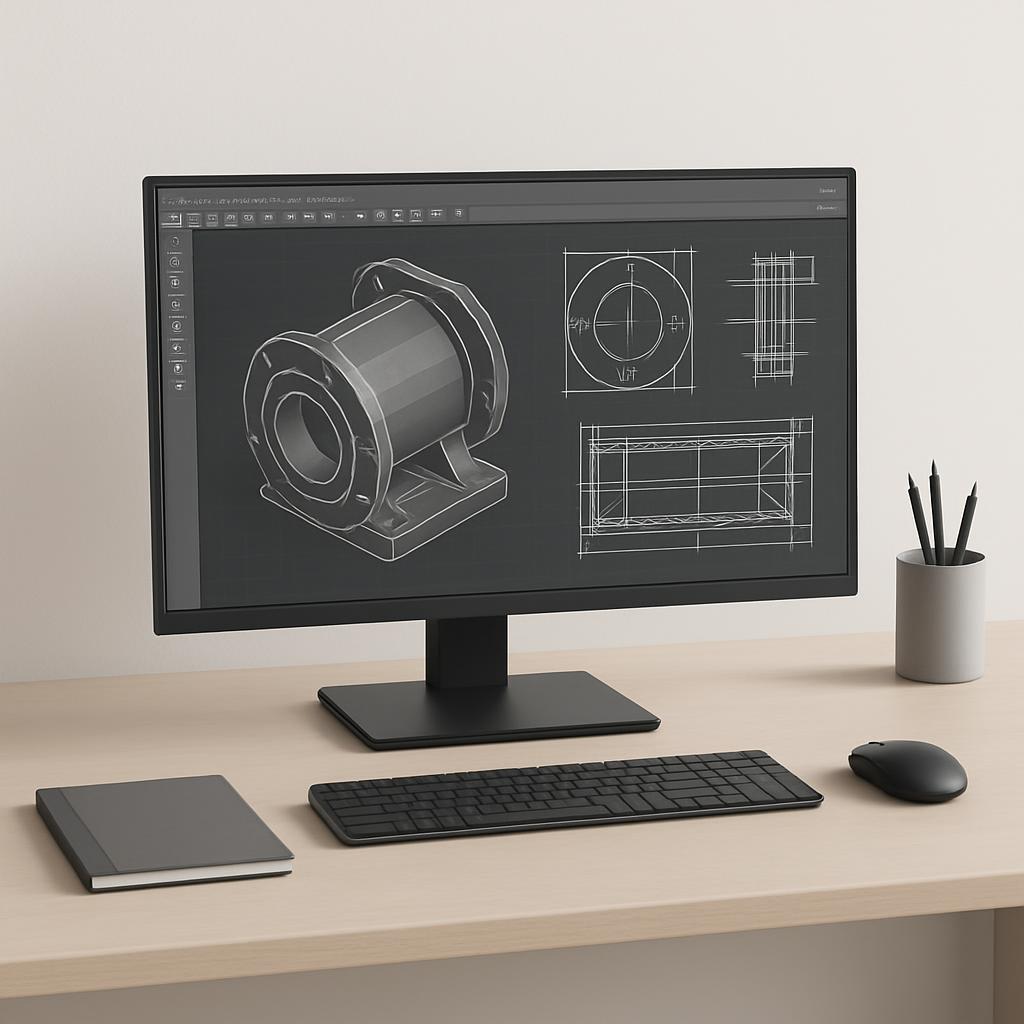A desktop setup with a computer monitor displaying technical drawings or 3D modeling software.